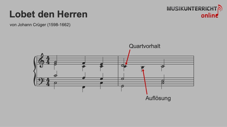 Notenbeispiel für einen Quartvorhalt in der klassischen Musik: Lobet den Herren von Johann Crüger